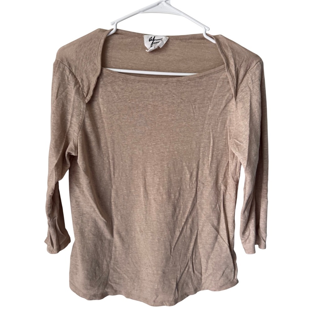 Andrea Jovine Tan Square Neck Slub Knit Long Sleeve Top Medium Taupe Neutral
